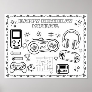 Poster Tapeçaria de colorir aniversário de videogame edit