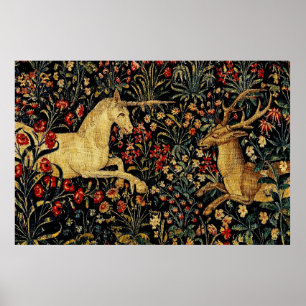 Poster Tapeçaria Floral de Unicórnio Medieval Meia-Noite 
