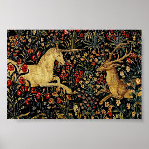 Poster Tapeçaria Floral de Unicórnio Medieval Meia-Noite