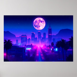 Poster Tapete de Área XL Neon City Synthwave Pôr do Sol