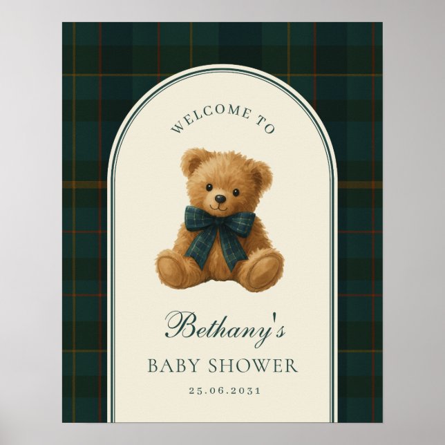Poster Tartan Check Teddy Bear Baby Shower Welcome (Frente)