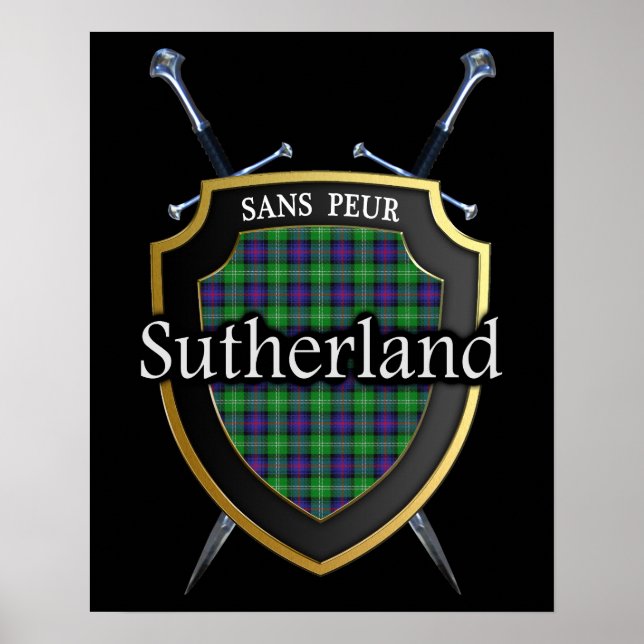 Poster Tartan Escudo Escocês e Espadas do Clã Sutherland (Frente)