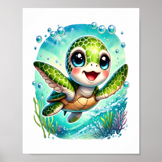 Poster Tartaruga-bebê-branca a nadar no oceano (Frente)