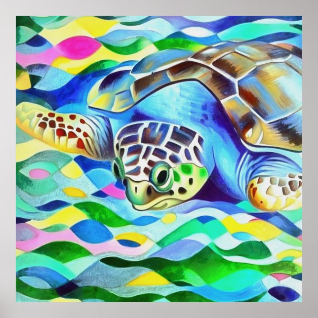 Poster Tartaruga Caretta Caretta Cuta E Arte Colorida (Frente)