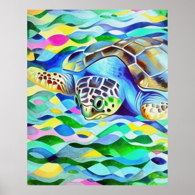 Poster Tartaruga Caretta Caretta Cuta E Arte Colorida (Frente)
