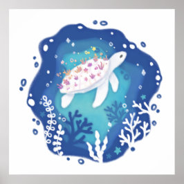 Poster Tartaruga com Corais na Ilustração de Arte em Pape
