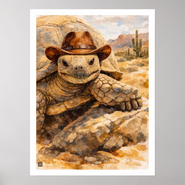 Poster Tartaruga Cowboy em aquarela no deserto (Frente)
