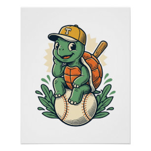 Póster Tartaruga de Beisebol Ilustração Vintage Gráfica_1