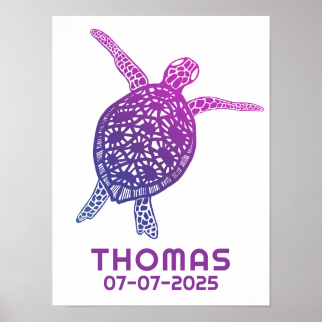 Poster Tartaruga do Mar Cento NOME PERSONALIZADO DE BEBÊ  (Frente)