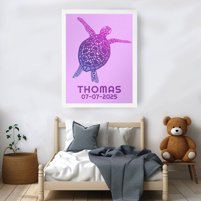 Poster Tartaruga do Mar Cento NOME PERSONALIZADO DE BEBÊ  (Cute Sea Turtle CUSTOM BABY NAME BIRTHDAY Art Poster
)