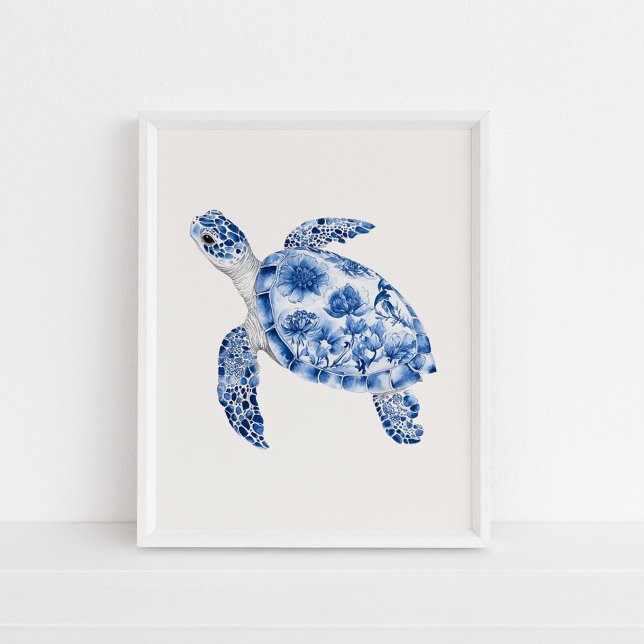 Poster Tartaruga do Mar Nadador - Azul Costeiro em bege (Swimming Sea Turtle – Coastal Blue on Beige Poster in a white frame on the floor)