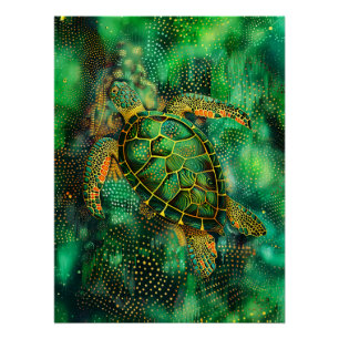 Póster Tartaruga do Mar Verde no Estilo de Arte Dot Abori