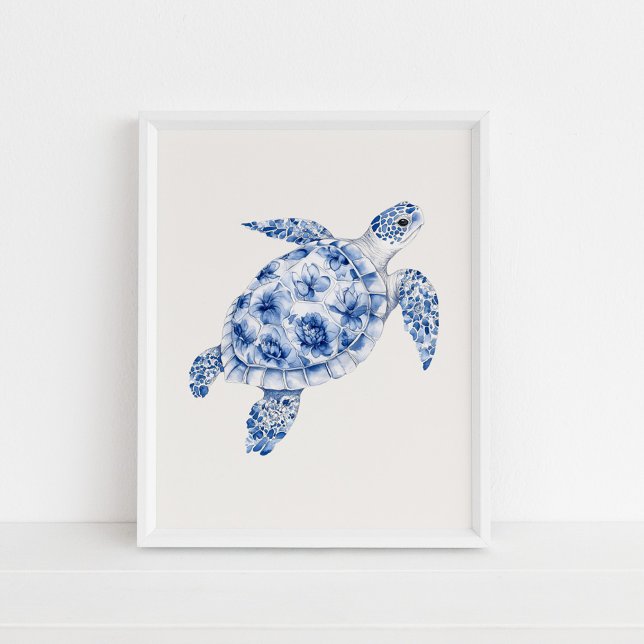 Poster Tartaruga do Mar Vista Lateral - Azul Costeiro em  (Side View Sea Turtle – Coastal Blue on Beige Poster in a white frame on the floor)