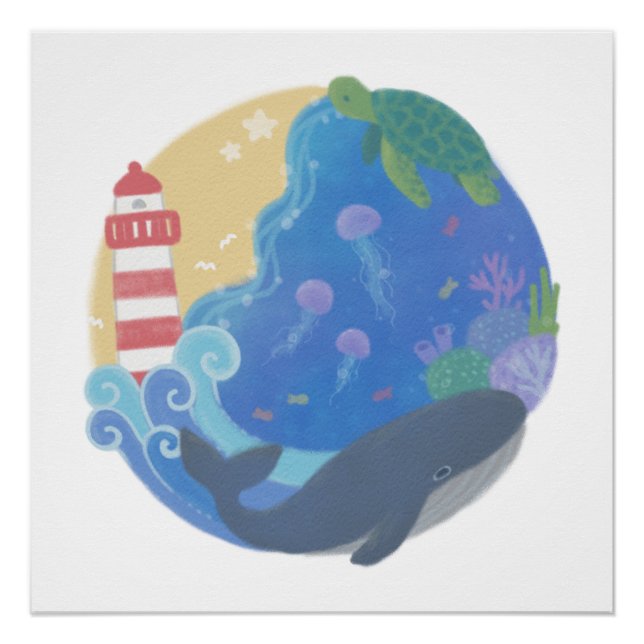 Póster Tartaruga e Farol de Baleia do Oceano de Verão (Frente)