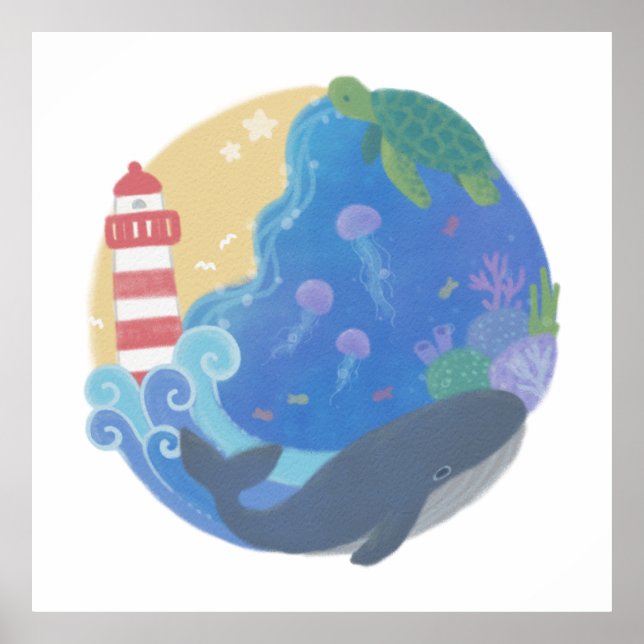 Poster Tartaruga e Farol de Baleia do Oceano de Verão (Frente)