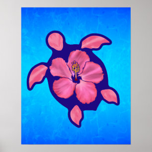 Póster Tartaruga e hibiscus havaianos de Honu