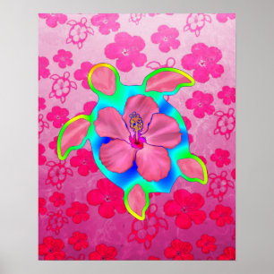 Póster Tartaruga e hibiscus tropicais de Honu