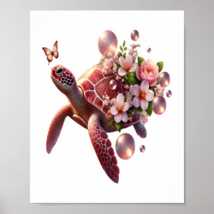 Poster Tartaruga Floral Boho, Flor Rosa