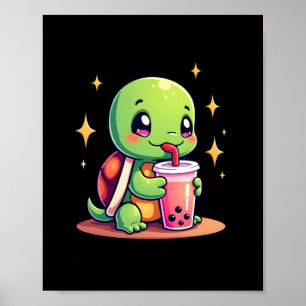 Poster Tartaruga fofa bebendo boba. Tartarugas Boba Engra