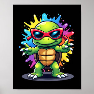 Poster Tartaruga Fofa Usando Óculos de Sol Tinta Espalha