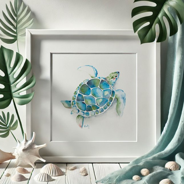 Poster Tartaruga Marinha Aquarela (Sea turtle drawing beach pictures watercolor art by Victoria Grigaliunas Do Tell A Belle)