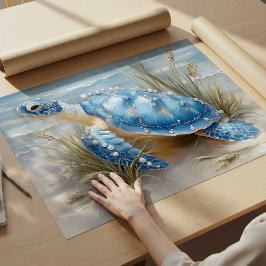 Poster Tartaruga Marinha Azul Arte Impressa na Praia Cost