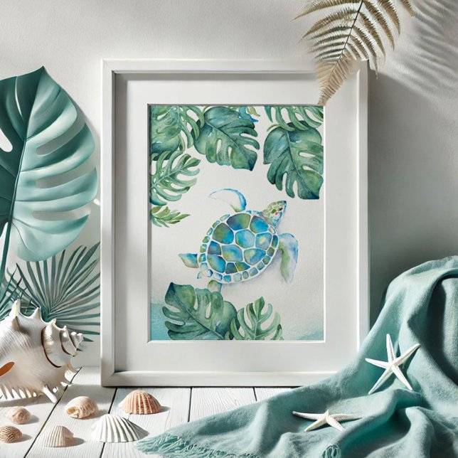 Poster Tartaruga Marinha em Aquarela e Folhas de Monstera (beach pictures watercolor sea turtle drawing with monstera palm leaves print by Victoria Grigaliunas)