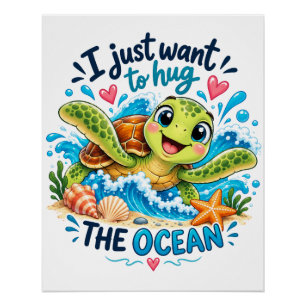Póster Tartaruga Marinha Fofa Abraça o Design do Oceano