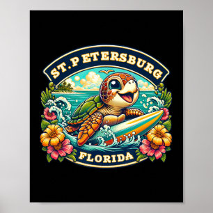 Poster Tartaruga Marinha Fofa Surfando em St. Petersberg
