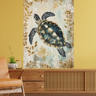Poster tartaruga marinha nadando cercada por padrões flor