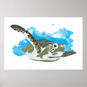 Poster Tartaruga marinha Nadando Design de Aquarela