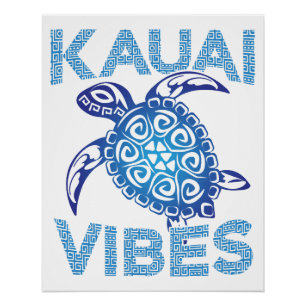 Póster Tartaruga Marinha Tribal Azul Polinésio Kauai Vibe