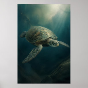 Poster Tartaruga Marinha Verde Deslizando pela Luz do Oce