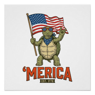 Póster Tartaruga Patriótica ‘Merica Vetor Vintage
