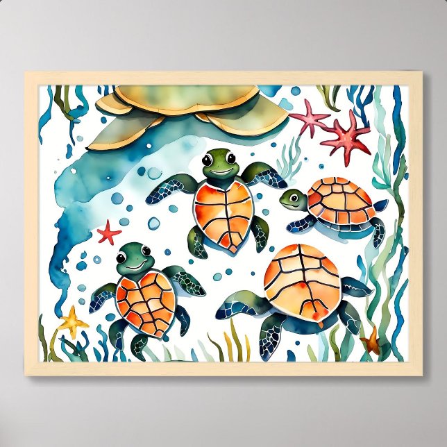 Poster tartaruga pintando um oceano de peixe-estrela giri (turtle painting little cute seaweed starfish ocean)