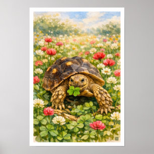 Poster Tartaruga Sulcata em aquarela com trevo da sorte