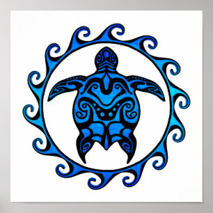 Poster Tartaruga tribal azul Sun
