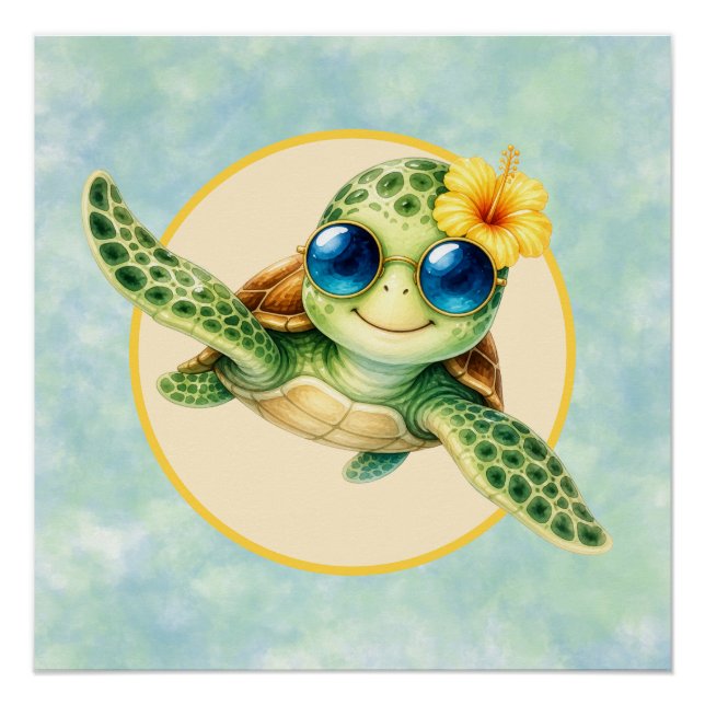 Póster Tartarugas Bebês Fofas com Flores Tropicais (Frente)