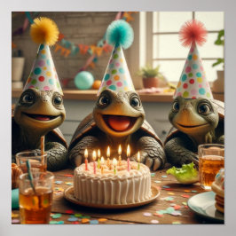 Poster Tartarugas celebrando aniversário com bolo e chapé