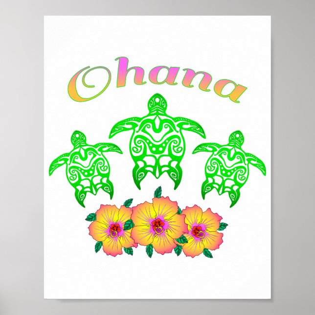 Poster Tartarugas do Mar Verde Ohana Havaiana (Frente)
