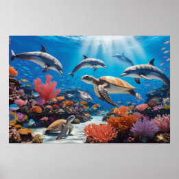 Poster Tartarugas Marinhas & Golfinhos em Colorido Jardim