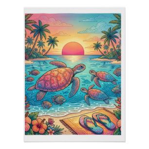Póster Tartarugas Marinhas Tropicais Pôr do Sol Praia Fle