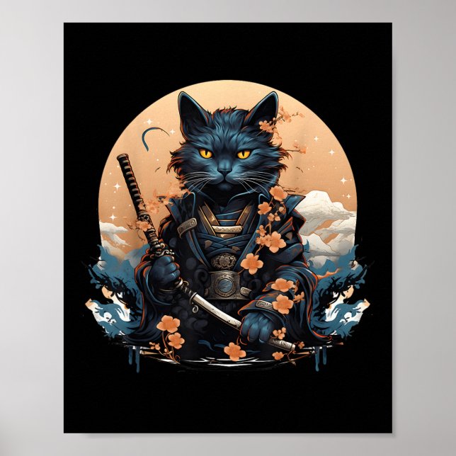 Poster Tatuagem de Camisa de Gato de Samurai Japonês Boni (Frente)