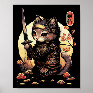 Poster Tatuagem de Gato de Samurai Japonês, Gato de Kawai