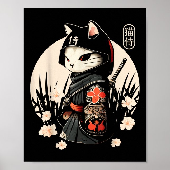 Poster Tatuagem de Gato Samurai Japonês, Kawaii Ninja Cat (Frente)