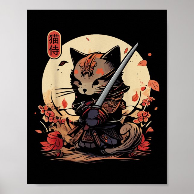 Poster Tatuagem de Gato Samurai Japonês, Kawaii Ninja Cat (Frente)