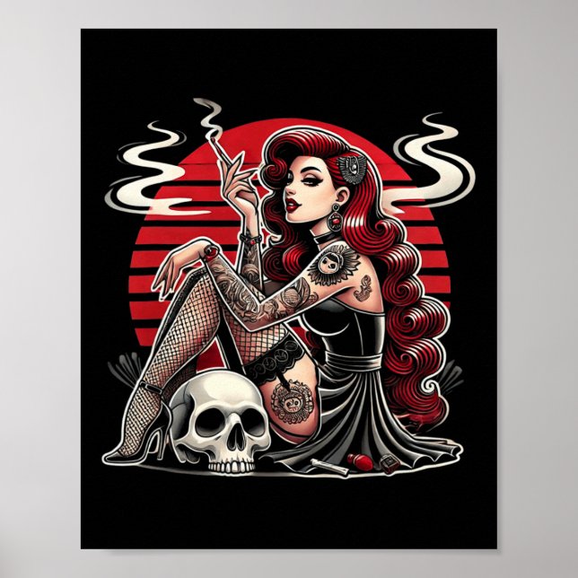 Poster Tatuagem Goth Pin-up Garota Com Caveira Horror Vin (Frente)