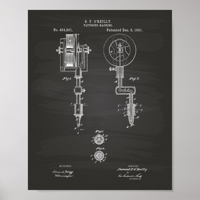 Poster Tatuagem Máquina 1891 Painéis de Arte Patentes (Frente)