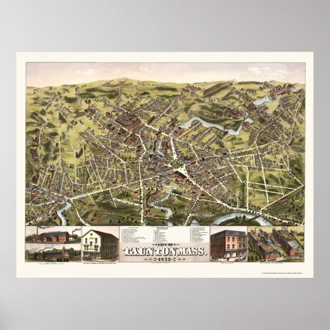 Póster Taunton, Mapa Panorâmico MÃE - 1875 (Frente)