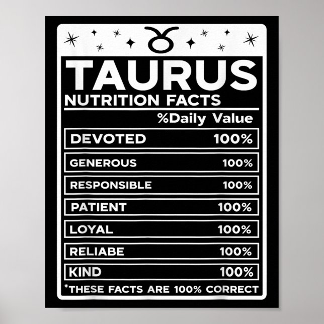 Poster Taurus Nutritional Style Zodiac Design, Taurus (Frente)